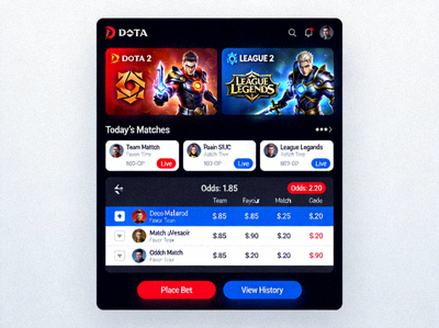 Tampilan antarmuka taruhan E-Sports untuk turnamen game populer seperti Dota 2 dan League of Legends